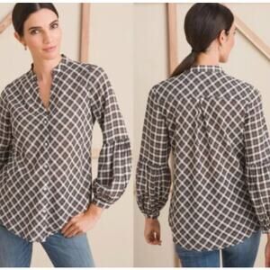 Chico’s Brown Plaid Button Front Peasant Blouse Size 1 US M/8 Boho Fall Casual